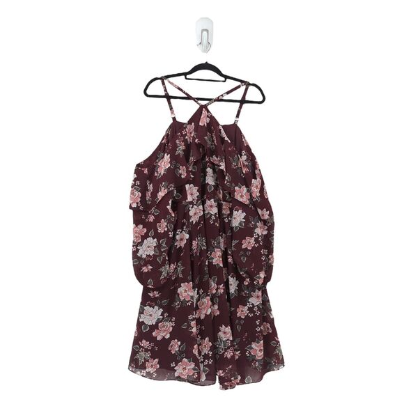 Torrid Women Plus 20 Dress Wine Red Floral Chiffon Halter Cold Shoulder Ruffle - Picture 2 of 11